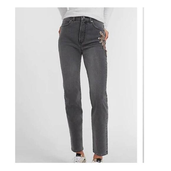 Express Super High Waisted Slim Jeans Embellished Gray Faded Black Size 4R - Picture 1 of 13